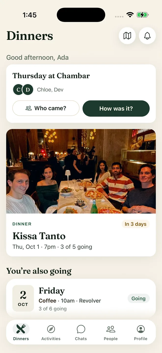 The Dinners tab of the Founder Feast app: last night’s table, the next Thursday dinner at 7pm, and the dinners you have booked